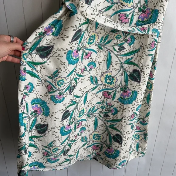 LOFT size L puff sleeve midi dress linen blend beige floral belted split neck - Picture 14 of 16